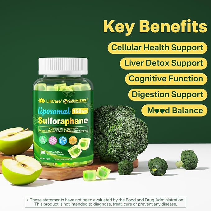 Liposomal Sulforaphane Supplement 150mg from Broccoli Seed Extract w/Myrosinase Quercetin Glutathione Sulforaphane Supplement Gummies for Antioxidants Detox Cellular Brain Health Chewable 120Cts