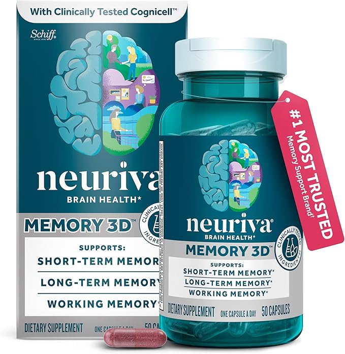 NEURIVA Memory 3D Brain Supplement - Decaffeinated Nootropic Capsules for Memory Focus &amp Cognitive Function - Short Term Long Term &amp Working Memory Support - 50ct