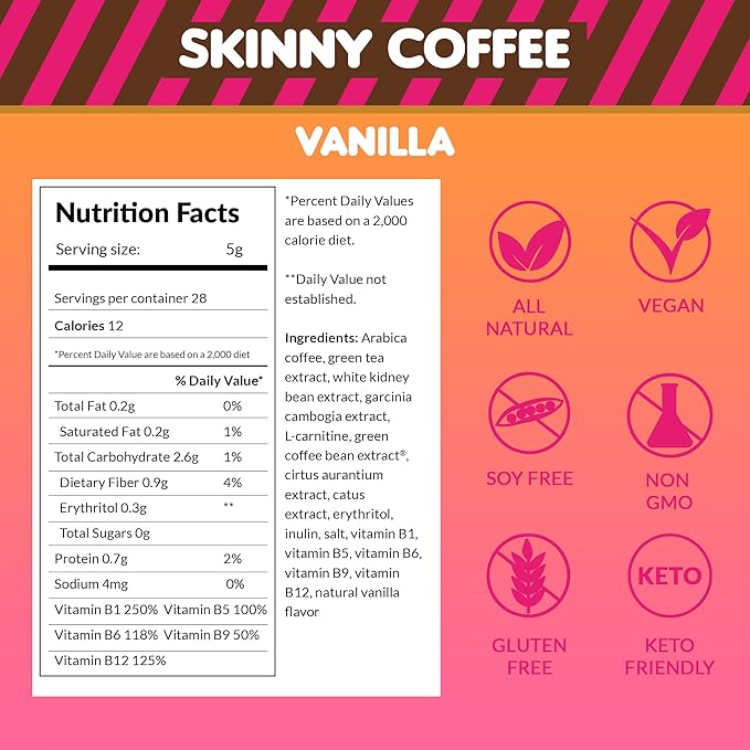 Skinny Boost Instant Skinny Coffee Sticks (Vanilla) - Made with Arabica Coffee Beans Garcinia Cambogia Green Tea Extract B Vitamins Fiber and Prebiotics –Sugar Free-Keto Friendly (28 Packets)