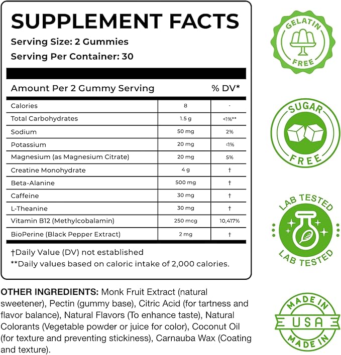 Nutrify Daily Creatine Gummies for Women and Men - 4g Creatine Monohydrate per Serving for Muscle Growth &amp Recovery - Sugar-Free Low-Calorie with Vitamin B12 for Energy Boost -Strawberry