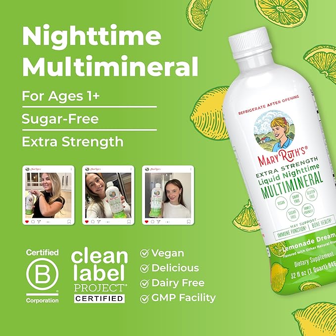 MaryRuth Organics Extra Strength Nighttime Liquid Multimineral | Sugar Free | Calm Magnesium Citrate | NO Melatonin | Calcium Magnesium Zinc | Muscle Relaxation | Lemonade Flavor | Vegan | 32 Serving