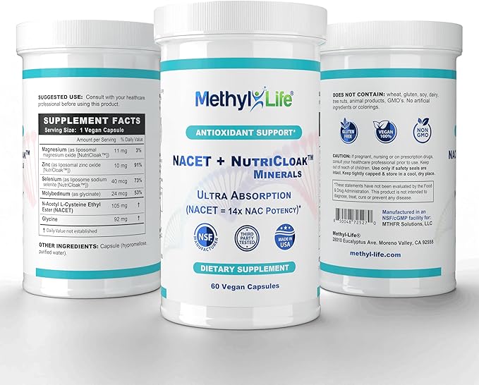 Methyl-Life® NACET + NutriCloak™ Minerals – Liposomal Magnesium Zinc &amp Selenium and Key cofactors Molybdenum and glycines | 1 Vegan Capsule: Servings Per Container: 60