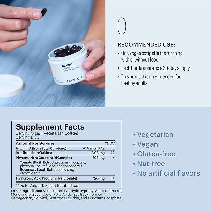 ELYSIUM Mosaic - Hyaluronic Acid Supplement - Clinically Proven - Fights Fine Lines &amp Skin Aging - Collagen Supplement - 30-Day Supply (Vegan Softgels)