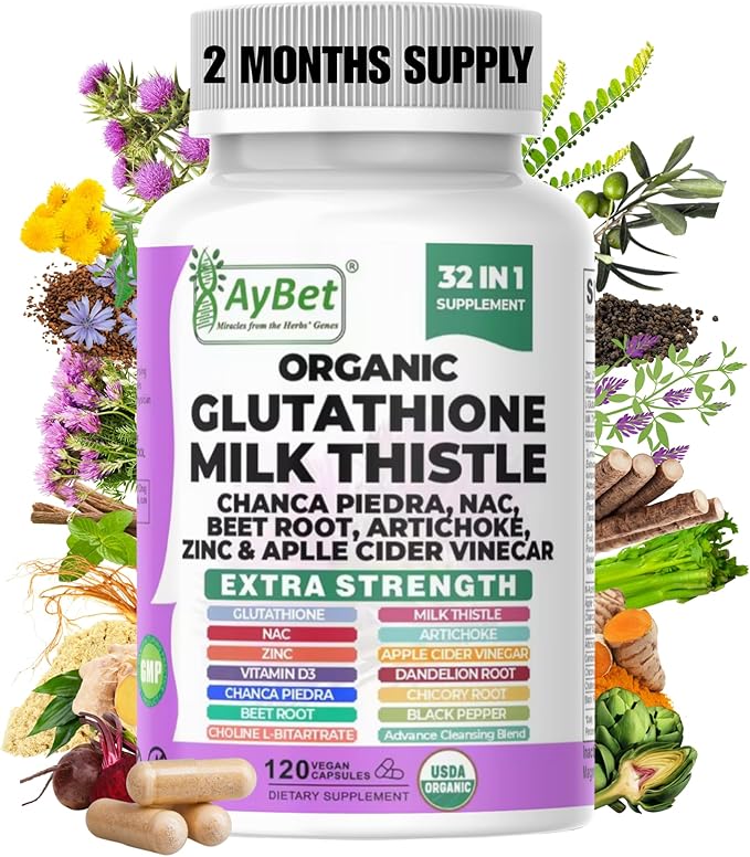Glutathione NAC Milk Thistle Supplement | Liver Health Support | 32-in-1 Herbal Antioxidant Formula with Chanca Piedra Turmeric Dandelion Root Beet Root &amp Zinc | Halal Vegan Organic Daily Welln