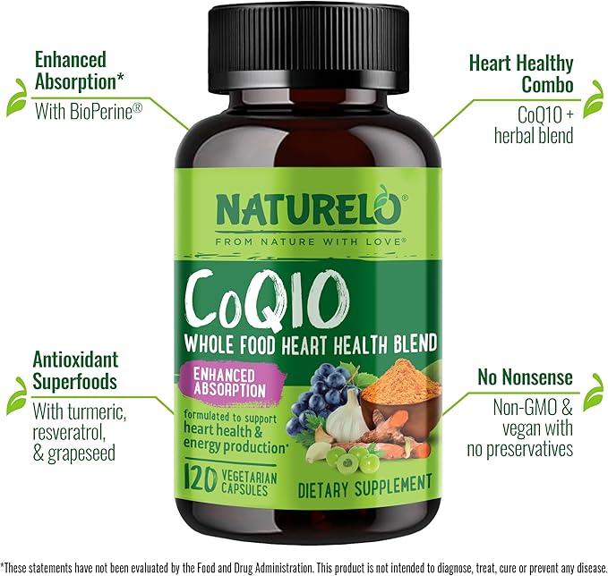 NATURELO Whole Food CoQ10 with Heart Health Blend Powerful Antioxidant for Energy Production 120 Capsules (Pack of 2)