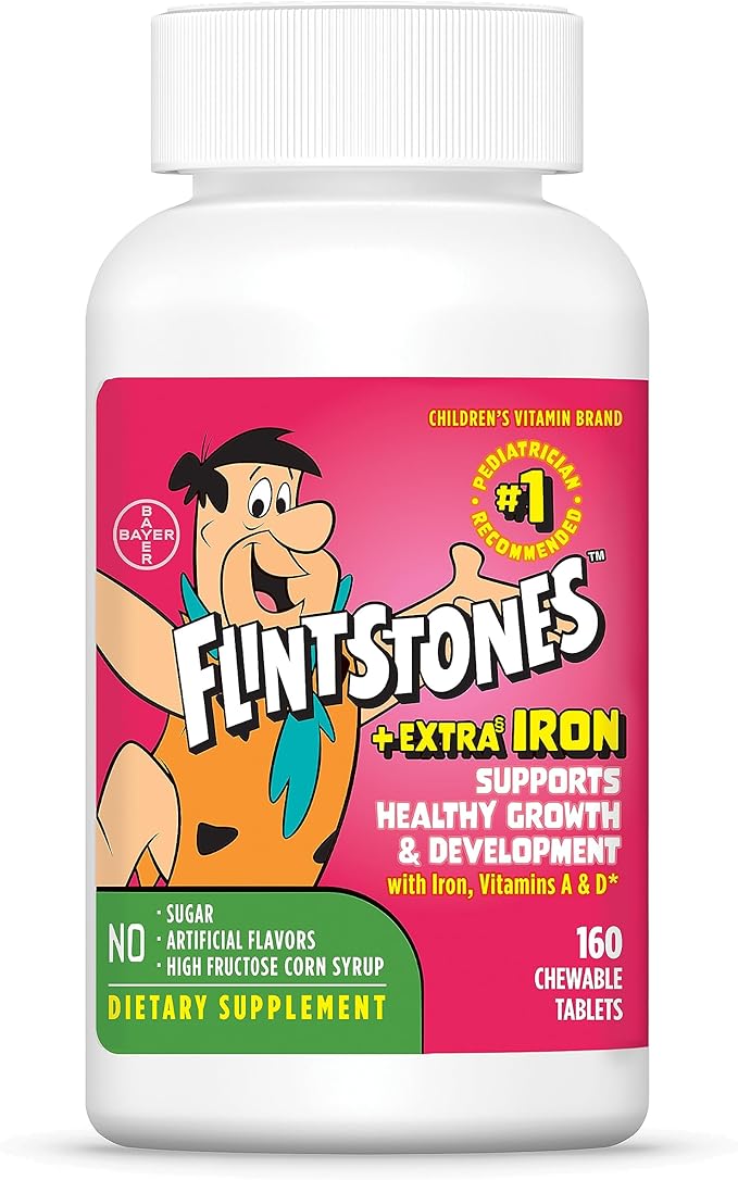Flintstones Vitamins Chewable Kids Multivitamin with + Extra Iron for Toddler &amp Kid with Vitamin C D Vitamin B12 160 Count (Packaging Will Vary)