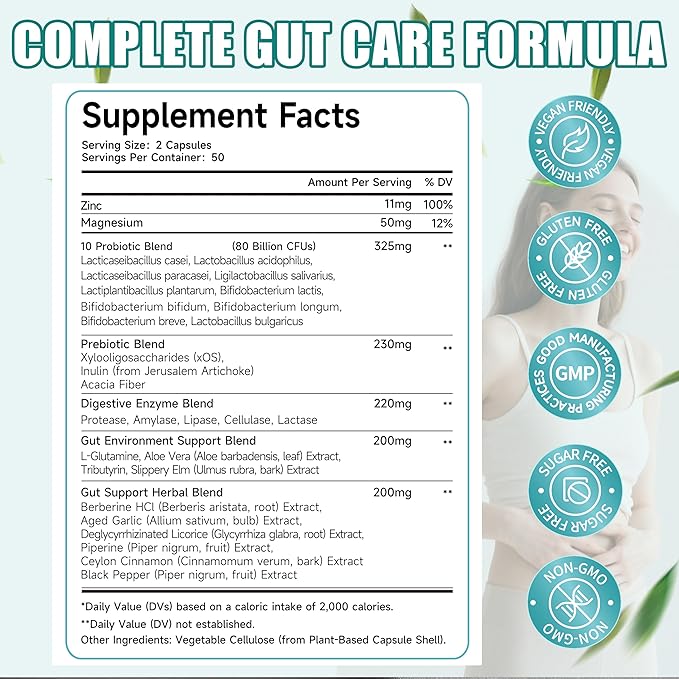 2-Pack Gut Health Capsule Supplement Supports Microbiome Leaky Gut and Digestion with 80 Billion CFU Probiotics Prebiotics Digestive Enzymes 30-in-1 Gut Health Supplement 200 Capsules