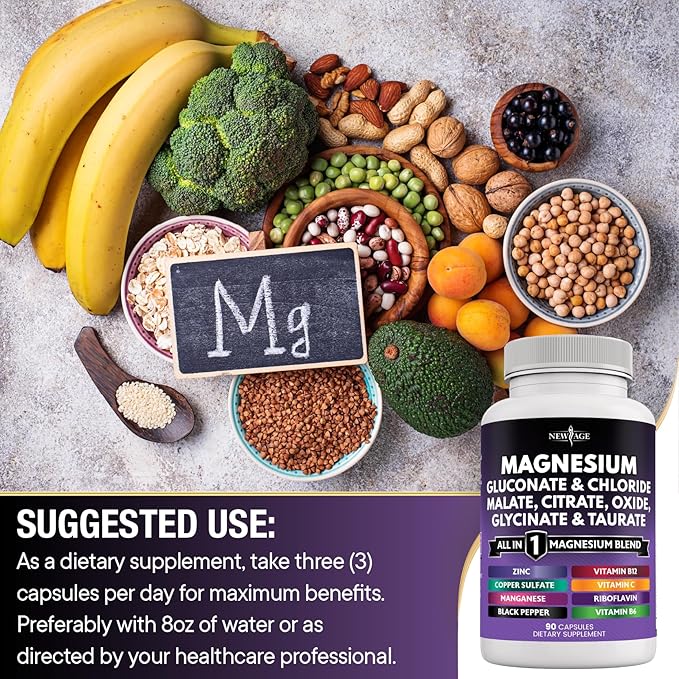 NEW AGE Magnesium Supplement -Powerful Glycinate Citrate Malate Oxide Taurate Aspartate Gluconate Orotate &amp Mag Chloride Manganese Joint Support- 180 Count