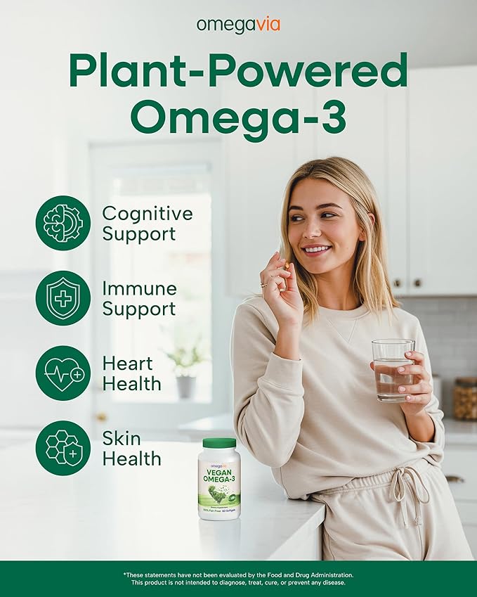 OmegaVia Vegan Omega 3 Supplement Algae Omega 3 Fish Oil Alternative 300mg Vegan DHA Fatty Acids Plant Based Planet and Ocean Friendly IAOS 5 Star Tested 60 Softgels