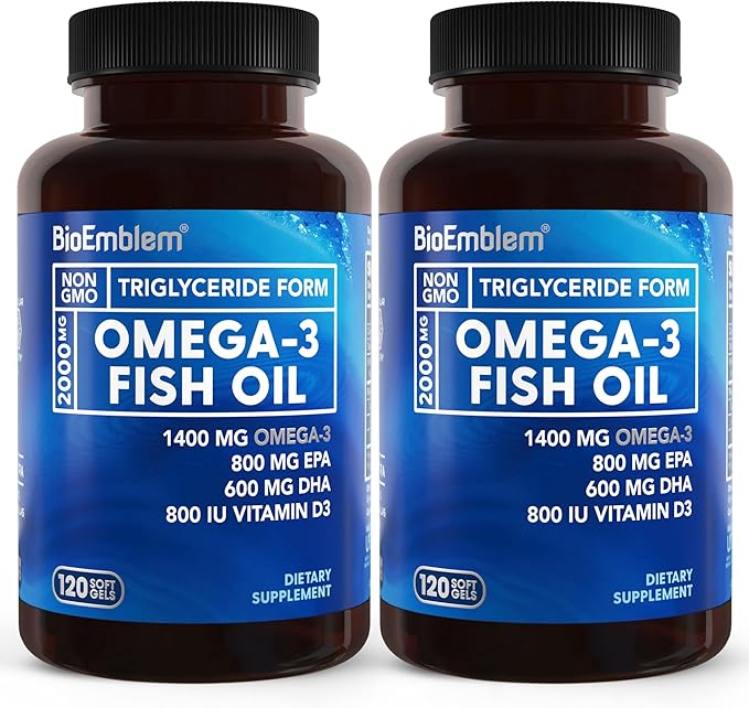 BioEmblem Omega-3 Fish Oil 2000mg - Small Size Softgels High Absorption Form Sustainable - 1400mg EPA &ampDHA Plus Vitamin D3 Non-GMO Heart Joint &amp Brain Health Fish Oil Supplement 240 Ct