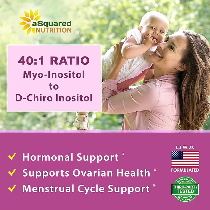 aSquared Nutrition Myo-Inositol &amp D-Chiro Inositol Supplement - 180 Capsules - Plus Vitamin D3 and Zinc - Myo &amp D-Chiro Inositol 40 to 1 Ratio - VIT B8 Complex Pills