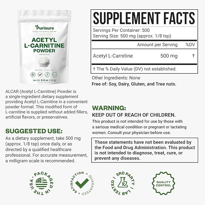 Purisure Acetyl L-Carnitine Powder ALCAR Powder Amino Acid Supplement Acetyl L-Carnitine Supplement for Better Cognitive Performance and Muscular Endurance Gluten Free Non-GMO 250g (8.8 oz)