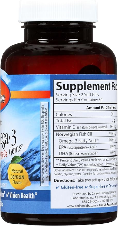 Carlson Labs Elite Omega-3 Gems Fish Oil 1250mg 60 Softgels
