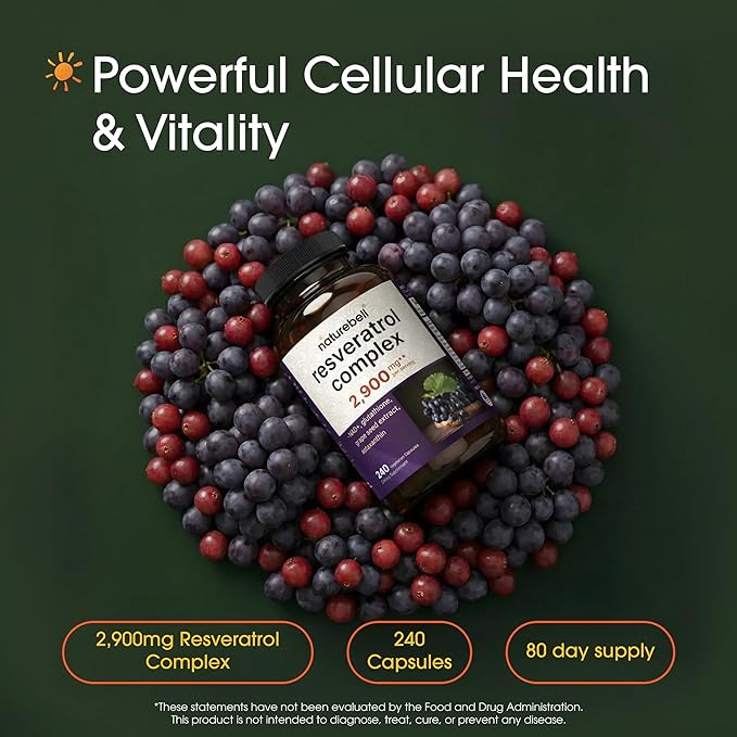 NatureBell Resveratrol Complex - 240 Vegetarian Capsules - Made with Resveratrol NAD Glutathione &amp More - Healthy Aging &amp Antioxidant Support - Heart Brain &amp Immune Wellness*