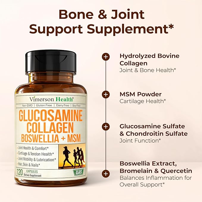 Glucosamine Chondroitin MSM with Hydrolyzed Collagen Peptides - Joint Support Supplement with Quercetin Bromelain &amp Boswellia Extract - Collagen pills for Hair Skin Nails - FSA Eligible 2 Pack