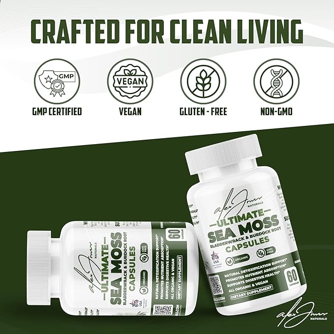 Alex Jones Ultimate Seamoss Capsules – Vegan Non-GMO Seaweed Supplement w/Bladderwrack &amp Burdock Root – Immune Boost Energy Support Sea Moss Supplements for Men &amp Women - 60 Nutrition Suppor