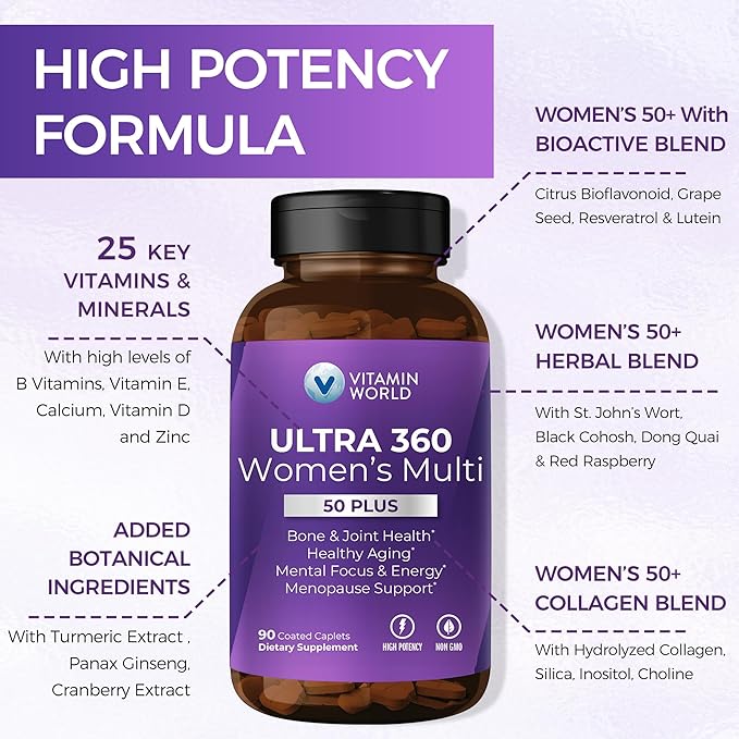Vitamin World Ultra 360 Multivitamin for Women 50 Plus Women's 50+ Multivitamin with Minerals &amp Herbs for Menopause Support Supplement with Vitamin B D E &amp Zinc for Healthy Aging 90 Caple