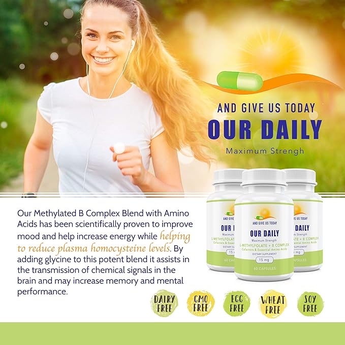 Our Daily Vites L-Methylfolate B Complex Cofactors &amp Essential Amino Acids (15mg) - Active Folate Methylated B12 Methylcobalamin B6 and Glycine - 60 Count