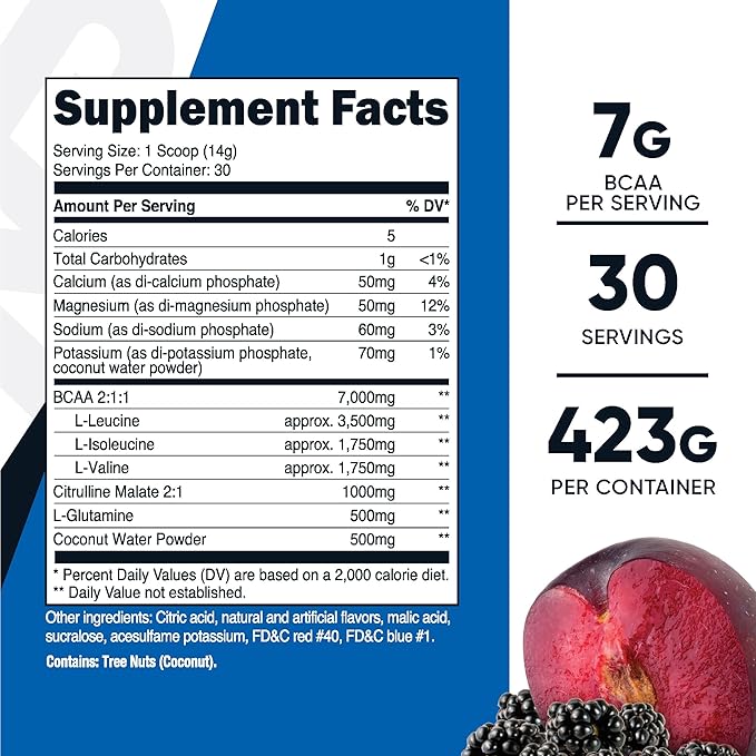 Nutricost BCAA Active with Glutamie Citrullie and Coconut Hydration Powder (BlackBerry Plum) 30 Servings - Branched Chain Amino Acids with Hydration Complex - Gluten-Free Non-GMO