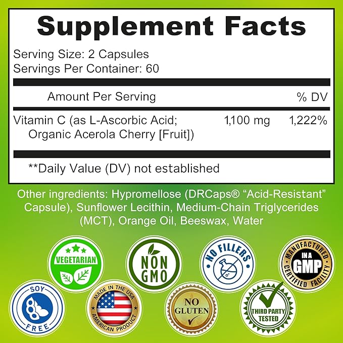 Liposomal Vitamin C Liquid Gel Capsules - 1100mg - Made with Organic Acerola Cherries High Potency Vitamin C Liposomal Immune Support Supplement with Enhanced Absorption &amp Bioavailability - 120 c