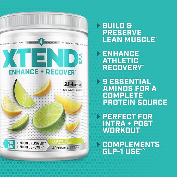 Xtend Scivation EAA + BCAA Powder | Muscle Recovery &amp Lean Muscle Growth | 9 Essential Amino Acids for Intra Workout or Post Workout Recovery | 10g EAAs Per 2 Servings | Lemon Lime 40 Servings