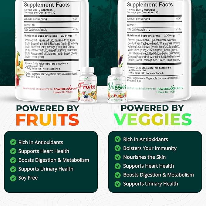 Daily Fruits and Veggies Supplement - 180 Capsules for 30 Days Non GMO &amp Gluten Free Superfood with Natural Vitamins - Powered by Plants 2-Pack