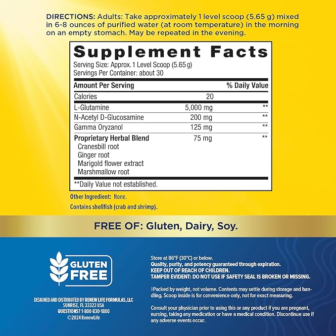 Renew Life IntestiNew Intestinal Lining Support Formula Powder Supplement Supports Digestive Health L-Glutamine Dairy Soy and gluten-free 5.7 oz.
