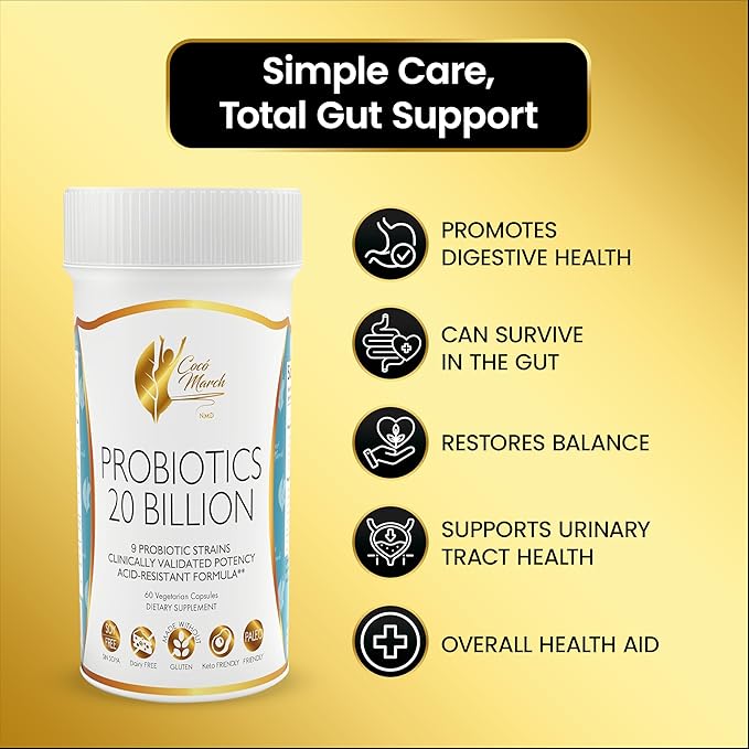 Cocó March N.M.D. Probiotics 20 Billion CFU – Probiotics for Women &amp Men - Gut Health Digestive &amp Immune Support – 9 Probiotic Strains Acid-Resistant Formula - Gluten Free &amp Dairy Free