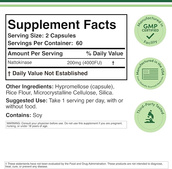 Nattokinase Supplement 4000 FU Servings 120 Capsules (Derived from Japanese Natto) Systemic Enzymes for Cardiovascular and Circulatory Support by Double Wood (Pack of 2)