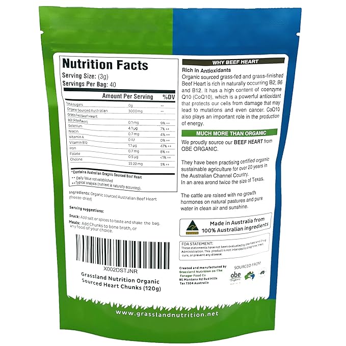Grassland Nutrition Organic Heart Freeze Dried Chunks — High in Q10 Vitamin B2 B6 and B12 for Energy (120g)