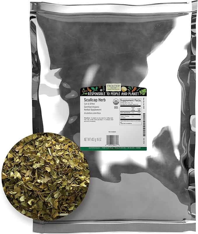 Frontier Co-op Organic Scullcap Herb Cut &amp Sifted Certified Organic Herbal Supplement 1lb - Skullcap Herb for Tincture Tea Supplement