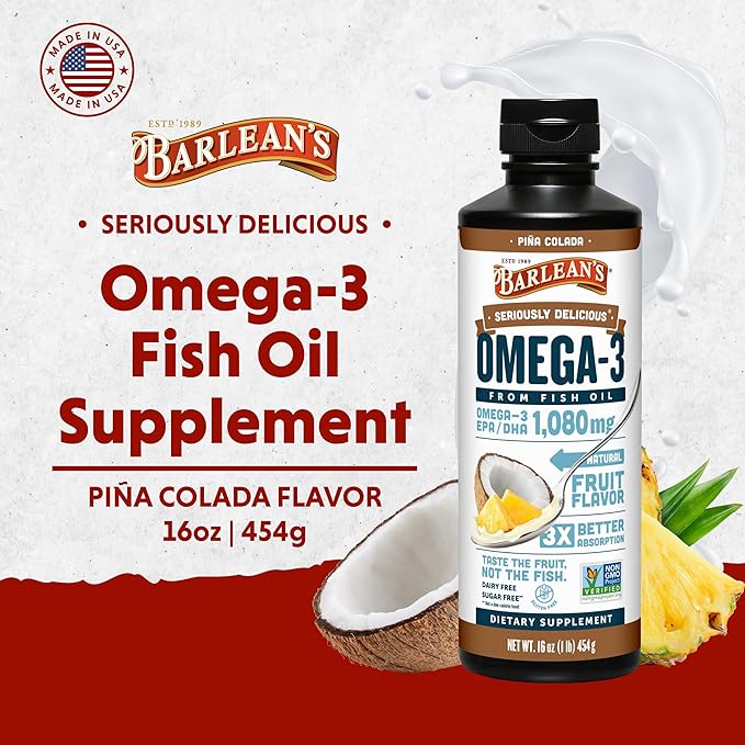 Barlean's Omega 3 Fish Oil Liquid Supplement for Men and Women 1080mg of EPA and DHA Fatty Acid Promotes Brain &amp Heart Health - Non-GMO Pina Colada 16 oz