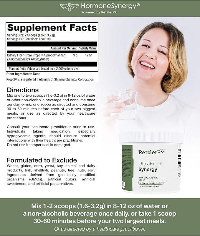 HormoneSynergy Ultra Fiber Lean Powder Supplement - Natural Soluble Propolmannan for Satiety &amp Digestive Health - Prebiotic Fiber for Bowel Regularity - Gluten-Free Non-GMO Formula