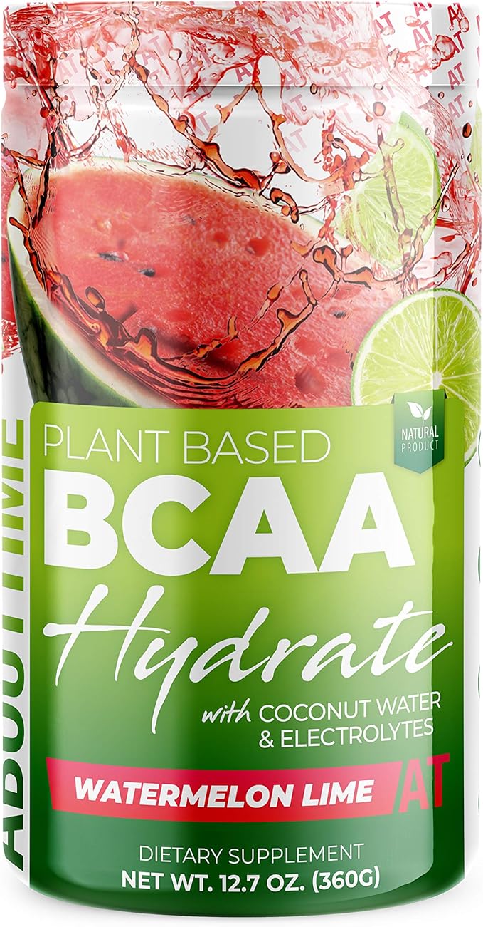 About Time BCAA Hydration Powder Watermelon Lime with L-Glutamine &amp Electrolytes Non-GMO Gluten Free Monk Fruit Coconut Water 20 Servings