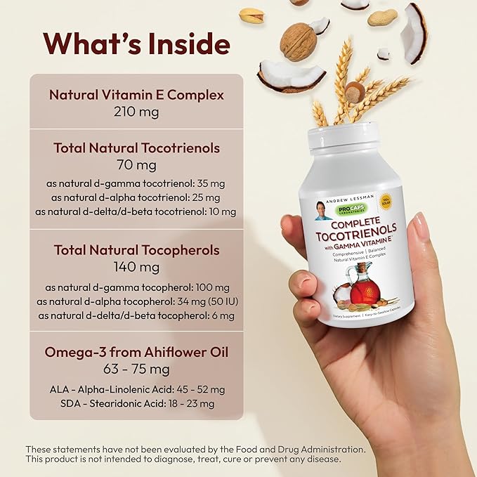 ANDREW LESSMAN Complete Tocotrienols with Gamma Vitamin E 120 Softgels - Eight Forms of Vitamin E (Alpha Beta Gamma Delta Tocopherols and Tocotrienols). Powerful Anti-oxidant. No Additives