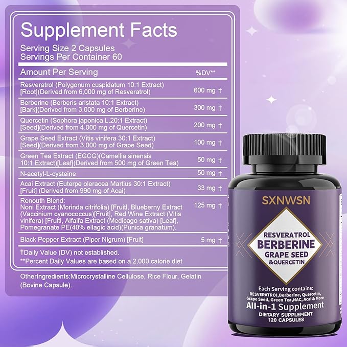 Resveratrol &amp Berberine Complex 120 Capsules - Antioxidant Support with Grape Seed Quercetin &amp NAC Promotes Healthy Cellular Function &amp Metabolism