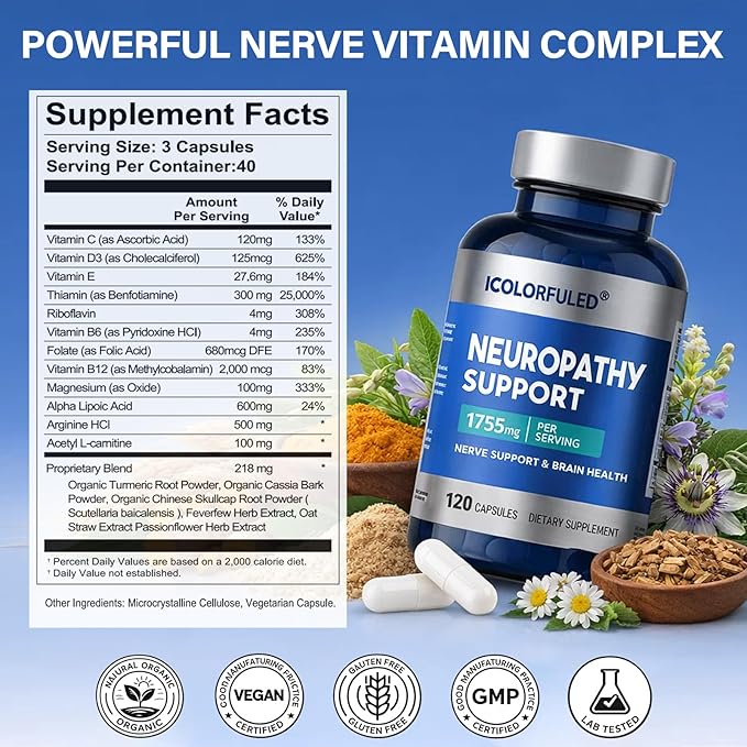icolorfuled Neuropathy Supplements Nerve Savior for Neuropathy with 600 Mg Alpha Lipoic Acid &amp B Vitamins Fortify Nerves in Fingers Hands Neck Toes &amp Feet 120 Capsules | 40-Day Supply