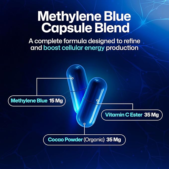 Methylene Blue Capsules – 15 mg with Vitamin C Ester - USP-Grade 99% Pure Formaldehyde-Free Formula – 60 Vegan Capsules for Focus Energy &amp Everyday Well-Being