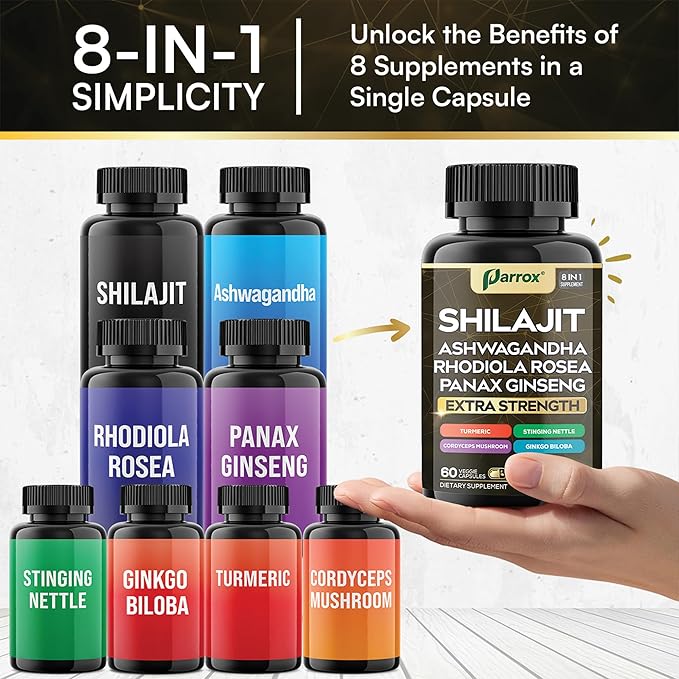 Shilajit Supplement Panax Ginseng Ashwagandha Rhodiola Rosea Cordyceps Mushroom Stinging Nettle Turmeric Gingko Biloba – Pure Shilajit All In One Supplements for Men and Women (180 Caps)