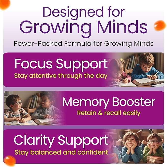 Max Focus Gummies for Kids &amp Teens with Omega 3 DHA – Brain Focus Supplement for Kids Memory Attention Concentration &amp Clarity Support – Delicious Orange Flavor – 60 Gummies