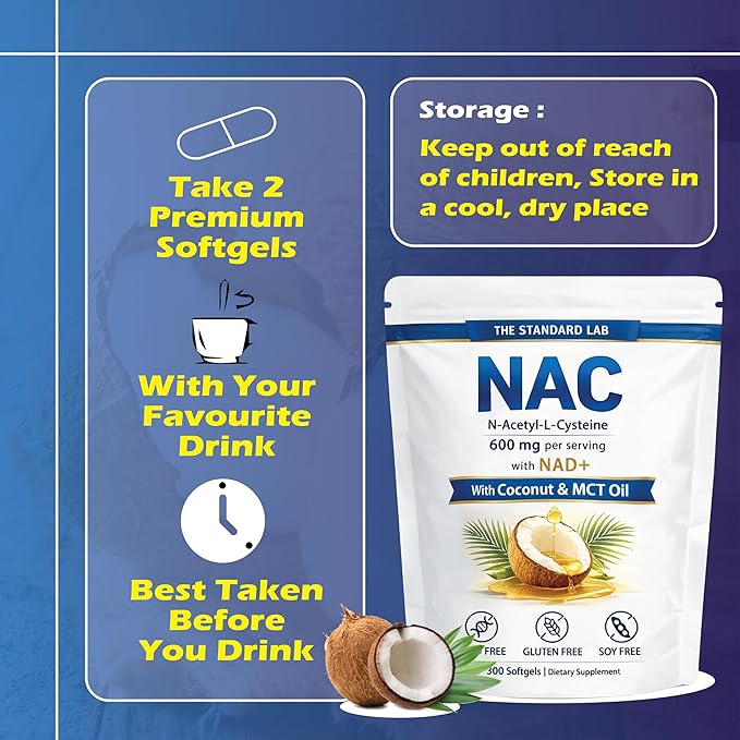 The Standard LAB NAC Supplement 600mg | N-Acetyl Cysteine with NAD+ &amp Coconut Oil | Nicotinamide Complex | Non-GMO | 300 Count