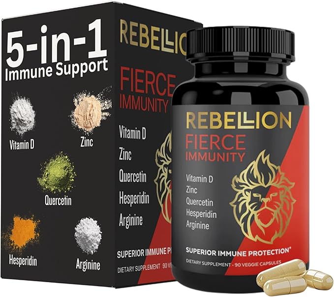 5-in-1 Fierce Immunity Supplement Immune Support Supplement and Boosters for Adults Vitamin C Quercetin Vitamin D Zinc L-Arginine Hesperidin Immunity Support 90 Capsules (1 Month Supply)