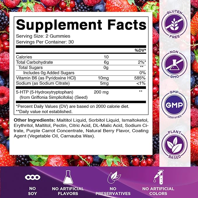 Vitamatic Sugar Free 5-HTP 200mg Gummies with B6 – 60 Pectin-Based Gummies – Mood Support &amp Stress Relief- 2 Pack