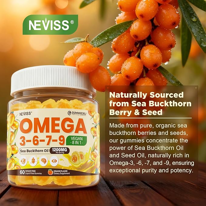 Omega 3-6-7-9 Gummies Organic Sea Buckthorn Oil 1200MG &amp Flaxseed Oil 500MG Vegan Omega 7 Supplement w/Vitamin A C E Fatty Acids No Fish Taste Supports Skin Eye Immune Brain Health 60 C
