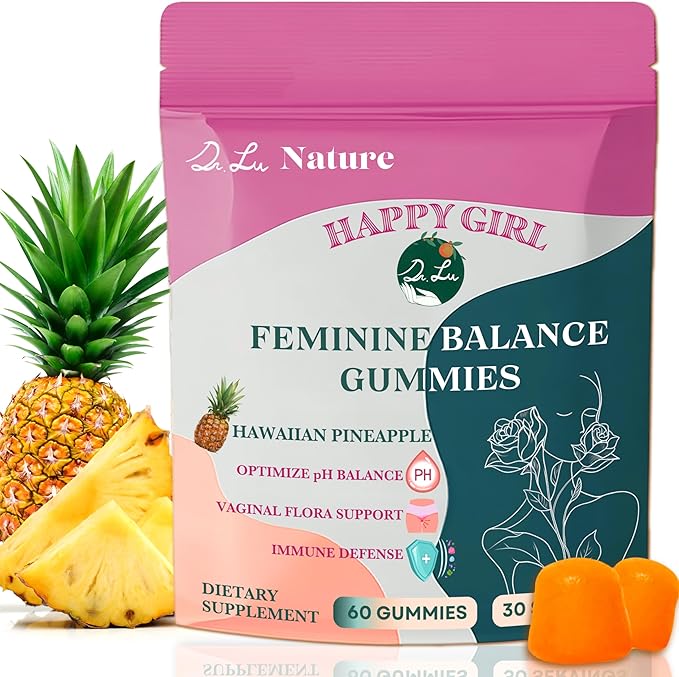 Dr. Lu Happy Girl Feminine Balance Gummies | Pineapple Gummies for Women pH Balance with Probiotics &amp Immune Support | Delicious &amp Naturally Flavored Sugar-Free Vegan - 60 Count