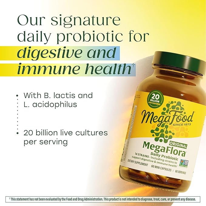 MegaFood MegaFlora Probiotic - Probiotics for Women Digestive Health - Immune Support Supplement - 20 Billion CFU - 14 Strains - Non-GMO - Vegetarian - 30 Mini Capsules (30 Servings)