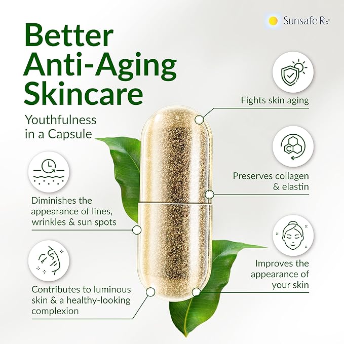 Sunsafe Rx Anti Aging Supplement: Natural Skin Protection Pills with Antioxidants for a Youthful Appearance &amp Eye Health + Vitamins Minerals &amp 250mg Polypodium Leucotomos (30 Capsules)