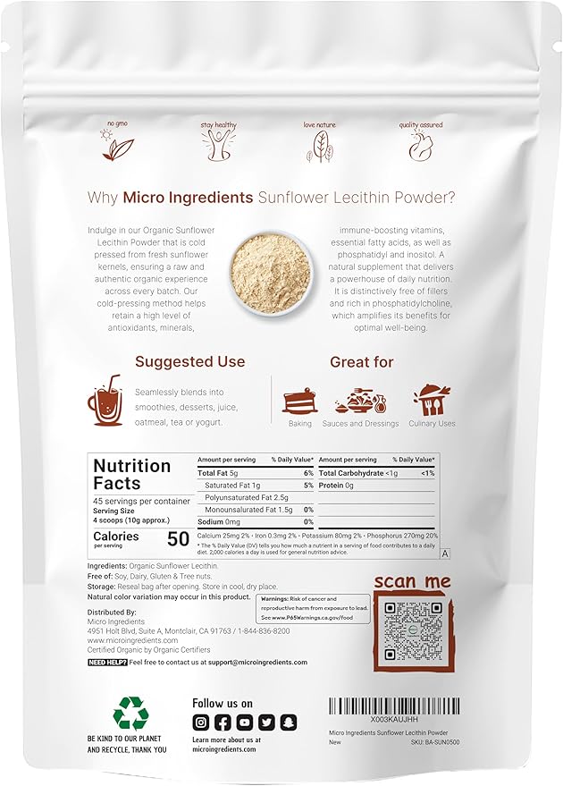Organic Sunflower Lecithin Powder 1 Pound Sustainable Farmed Cold Pressed Rich in Phosphatidyl Choline and Protein Making Liposomal Vitamin C Lactation Supplement Non-GMO