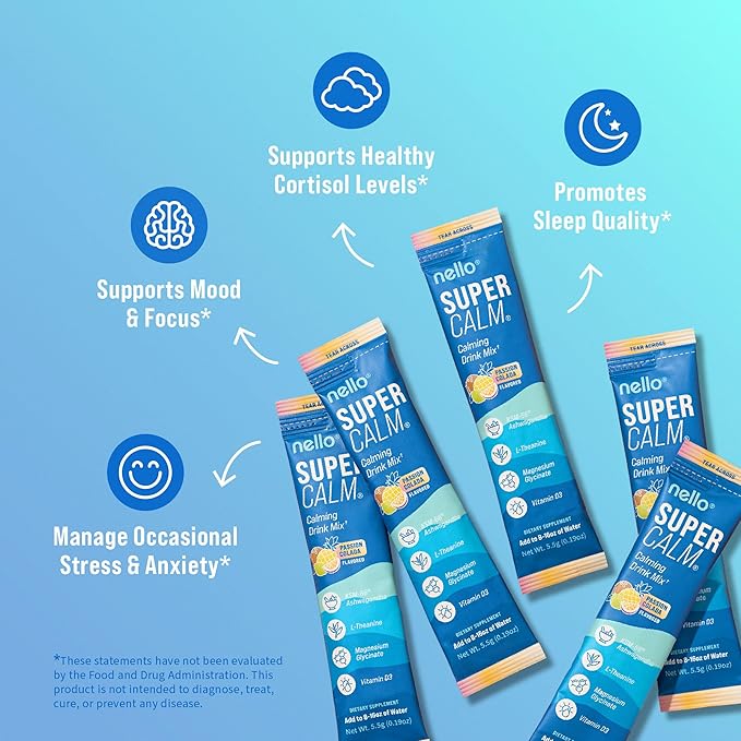 Nello Supercalm Powdered Drink Mix Cortisol Reducer* and Sleep Aid Supplement L Theanine Ksm-66 Ashwagandha Magnesium Glycinate Vitamin D 3 No Sugar Non GMO On The Go 20 Ct Passion Colada