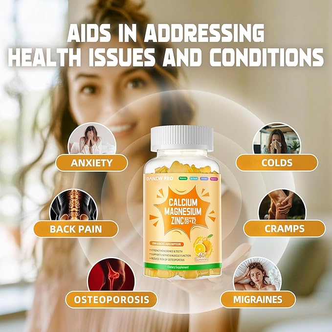 Calcium Magnesium Zinc Gummies with Vitamin D3 &amp K2 - High Potency Enhanced Absorption -120 Orange Gummies